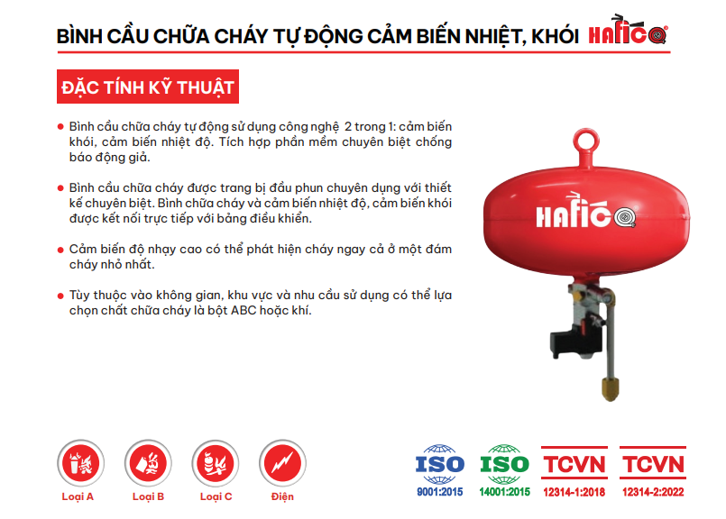 bình cầu chữa cháy tự động cảm biến nhiệt khói hafico